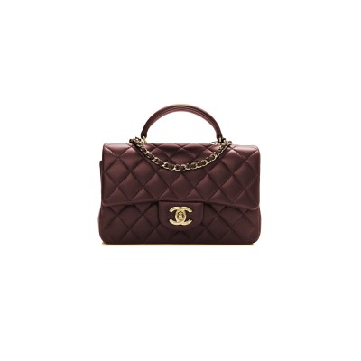 CHANEL LAMBSKIN QUILTED MINI TOP HANDLE RECTANGULAR FLAP GOLD BURGUNDY 1106350 (20*13*6cm)